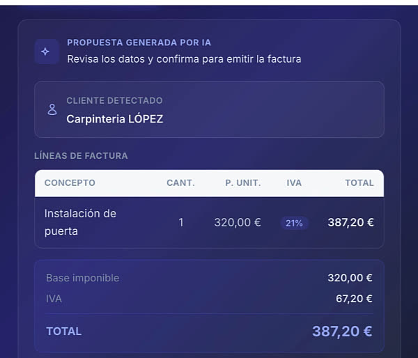 Pantalla de Ordina: propuesta de factura generada por IA con el cliente detectado, la línea de concepto, el IVA del 21 % y el total de 387,20 €, lista para revisar y emitir.